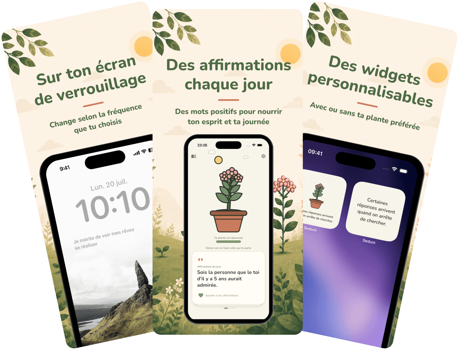 L'écran d'accueil de Sedum : l'affirmation du jour et ta plante